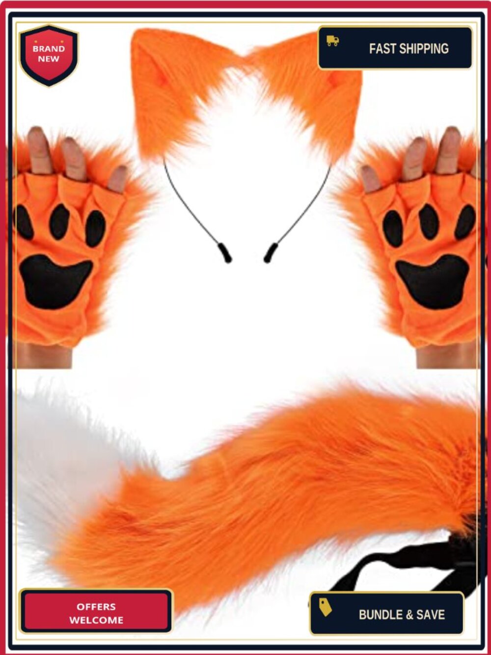 Faux Fur Wolf Fox Tail Clip Ears and Gloves Set Halloween Costume Accessory